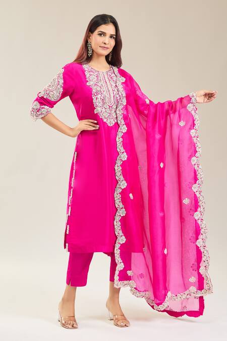 Prisho Pink Cotton, Chiffon, Georgette Embroidery, Gota Patti Round Floral Kurta Set at Aza Fashions Prisho_Pink Cotton, Chiffon, Georgette Embroidery, Gota Patti Round Floral Kurta Set _at_Aza_Fashions