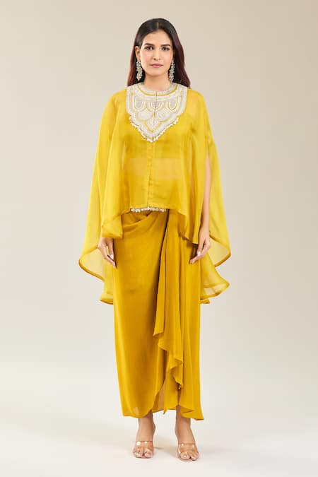 Shop Prisho Yellow Organza Embroidery Sweetheart , Round Floral Kaftan Set Online at Aza Fashions Shop_Prisho_Yellow Organza Embroidery Sweetheart , Round Floral Kaftan Set _Online_at_Aza_Fashions