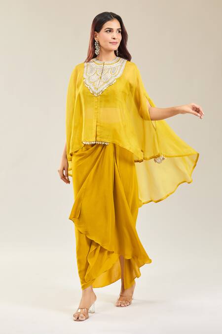 Prisho Yellow Organza Embroidery Sweetheart , Round Floral Kaftan Set at Aza Fashions Prisho_Yellow Organza Embroidery Sweetheart , Round Floral Kaftan Set _at_Aza_Fashions
