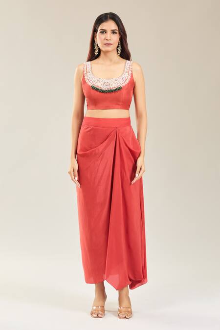 Prisho_Peach Cotton Beads, Embroidery Round Neck Floral Dori Cape And Skirt Set _Online_at_Aza_Fashions