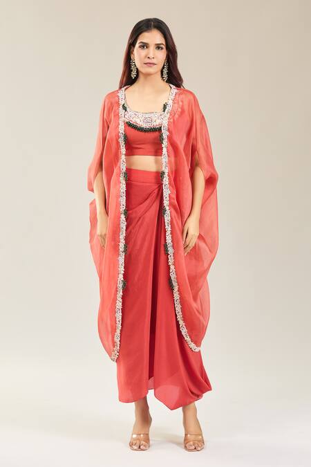 Shop_Prisho_Peach Cotton Beads, Embroidery Round Neck Floral Dori Cape And Skirt Set _Online_at_Aza_Fashions