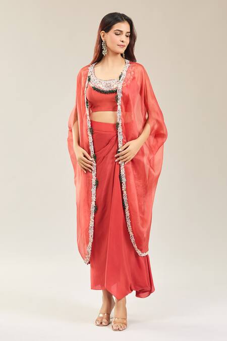 Prisho_Peach Cotton Beads, Embroidery Round Neck Floral Dori Cape And Skirt Set _at_Aza_Fashions