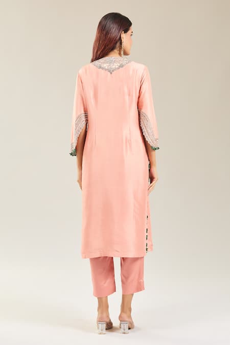 Shop Prisho Peach Cotton Embroidery Mandarin Collar Floral Paisley Kurta Set at Aza Fashions Shop_Prisho_Peach Cotton Embroidery Mandarin Collar Floral Paisley Kurta Set _at_Aza_Fashions