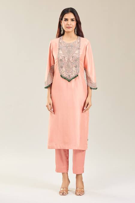 Prisho Peach Cotton Embroidery Mandarin Collar Floral Paisley Kurta Set Online at Aza Fashions Prisho_Peach Cotton Embroidery Mandarin Collar Floral Paisley Kurta Set _Online_at_Aza_Fashions