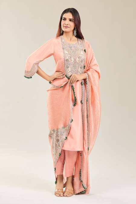 Shop Prisho Peach Cotton Embroidery Mandarin Collar Floral Paisley Kurta Set Online at Aza Fashions Shop_Prisho_Peach Cotton Embroidery Mandarin Collar Floral Paisley Kurta Set _Online_at_Aza_Fashions