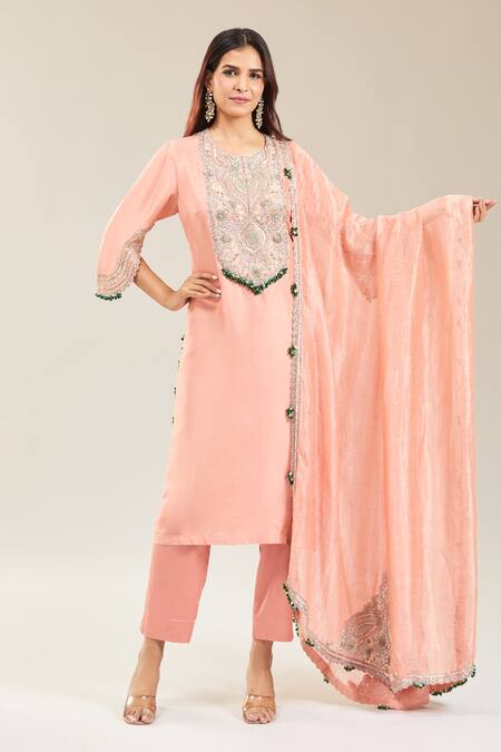 Prisho Peach Cotton Embroidery Mandarin Collar Floral Paisley Kurta Set at Aza Fashions Prisho_Peach Cotton Embroidery Mandarin Collar Floral Paisley Kurta Set _at_Aza_Fashions