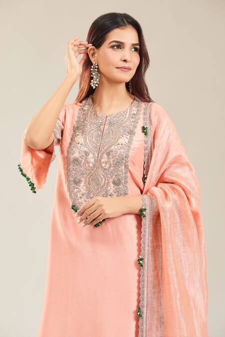 Buy Prisho Peach Cotton Embroidery Mandarin Collar Floral Paisley Kurta Set Buy_Prisho_Peach Cotton Embroidery Mandarin Collar Floral Paisley Kurta Set
