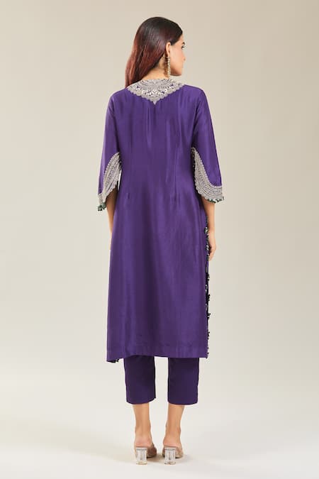 Shop Prisho Purple Cotton, Chiffon Embroidery Round Neck Floral Kurta Set at Aza Fashions Shop_Prisho_Purple Cotton, Chiffon Embroidery Round Neck Floral Kurta Set _at_Aza_Fashions