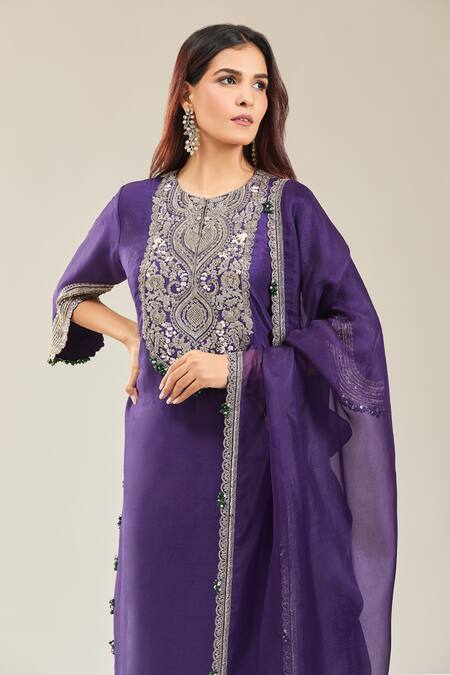 Prisho Purple Cotton, Chiffon Embroidery Round Neck Floral Kurta Set Online at Aza Fashions Prisho_Purple Cotton, Chiffon Embroidery Round Neck Floral Kurta Set _Online_at_Aza_Fashions