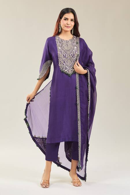 Shop Prisho Purple Cotton, Chiffon Embroidery Round Neck Floral Kurta Set Online at Aza Fashions Shop_Prisho_Purple Cotton, Chiffon Embroidery Round Neck Floral Kurta Set _Online_at_Aza_Fashions