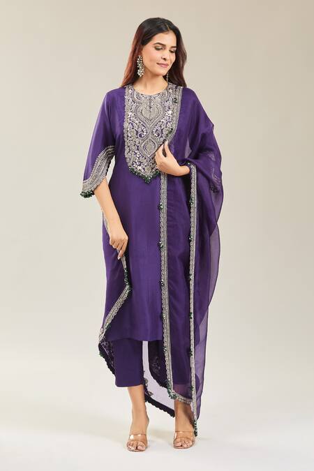 Prisho Purple Cotton, Chiffon Embroidery Round Neck Floral Kurta Set at Aza Fashions Prisho_Purple Cotton, Chiffon Embroidery Round Neck Floral Kurta Set _at_Aza_Fashions