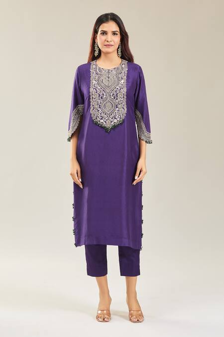 Buy Prisho Purple Cotton, Chiffon Embroidery Round Neck Floral Kurta Set Buy_Prisho_Purple Cotton, Chiffon Embroidery Round Neck Floral Kurta Set