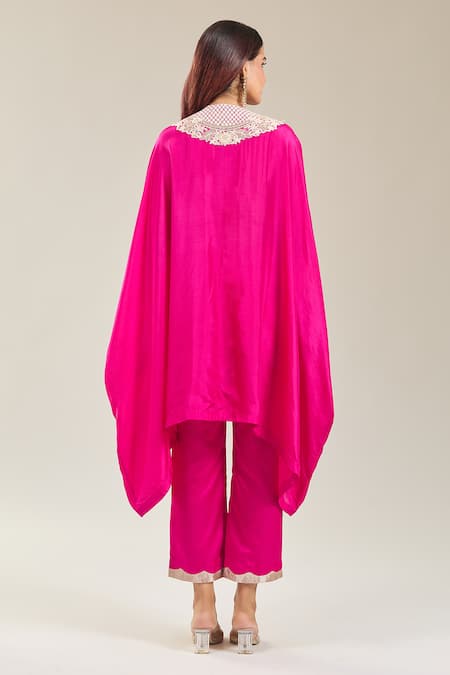 Shop Prisho Pink Silk Embroidery Round Neck Floral Resham Kaftan And Pant Set at Aza Fashions Shop_Prisho_Pink Silk Embroidery Round Neck Floral Resham Kaftan And Pant Set _at_Aza_Fashions