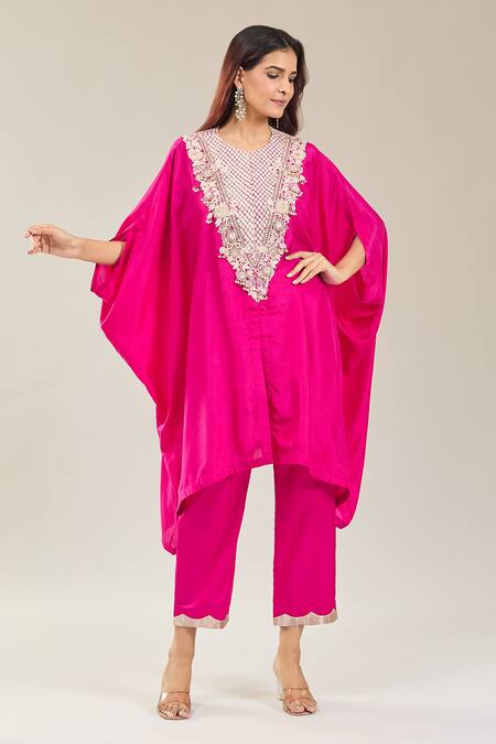 Buy Prisho Pink Silk Embroidery Round Neck Floral Resham Kaftan And Pant Set Online at Aza Fashions Buy_Prisho_Pink Silk Embroidery Round Neck Floral Resham Kaftan And Pant Set _Online_at_Aza_Fashions