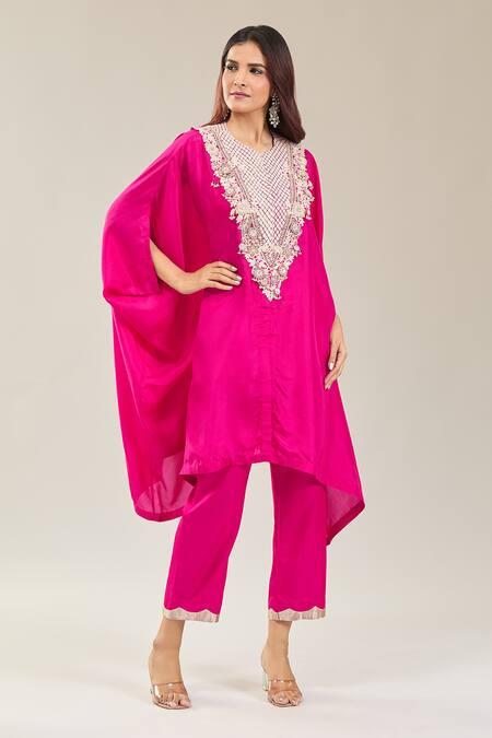Shop Prisho Pink Silk Embroidery Round Neck Floral Resham Kaftan And Pant Set Online at Aza Fashions Shop_Prisho_Pink Silk Embroidery Round Neck Floral Resham Kaftan And Pant Set _Online_at_Aza_Fashions