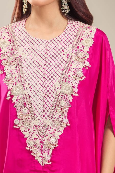 Prisho Pink Silk Embroidery Round Neck Floral Resham Kaftan And Pant Set at Aza Fashions Prisho_Pink Silk Embroidery Round Neck Floral Resham Kaftan And Pant Set _at_Aza_Fashions