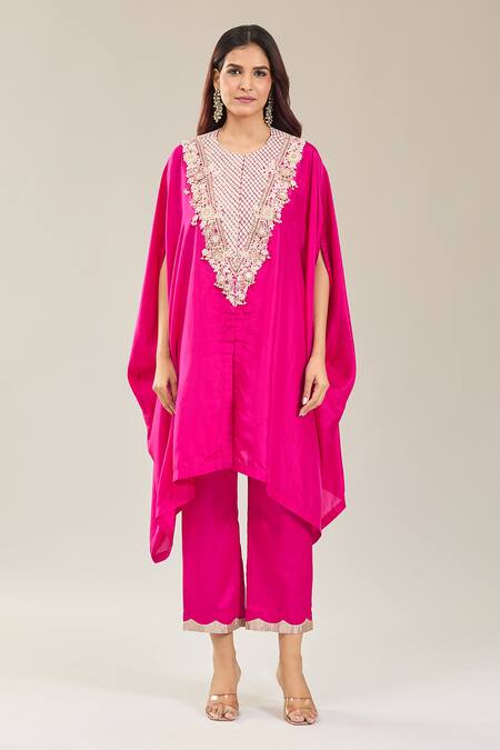 Buy Prisho Pink Silk Embroidery Round Neck Floral Resham Kaftan And Pant Set Buy_Prisho_Pink Silk Embroidery Round Neck Floral Resham Kaftan And Pant Set