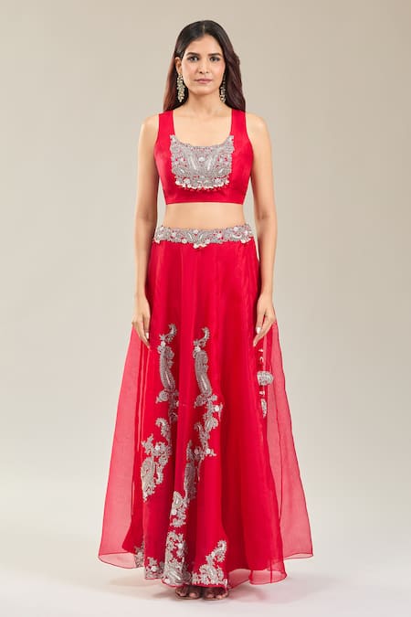 Prisho_Red Chiffon Embroidery Round Neck Kairi Cape Lehenga Set _Online_at_Aza_Fashions