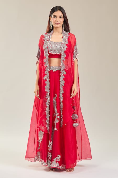 Shop_Prisho_Red Chiffon Embroidery Round Neck Kairi Cape Lehenga Set _Online_at_Aza_Fashions