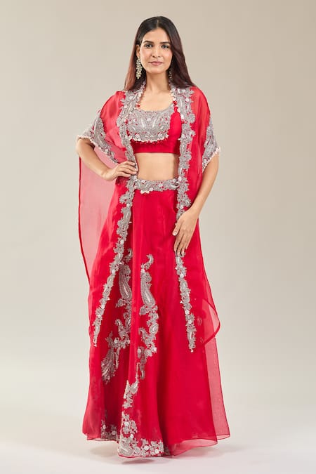 Prisho_Red Chiffon Embroidery Round Neck Kairi Cape Lehenga Set _at_Aza_Fashions