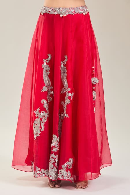 Buy_Prisho_Red Chiffon Embroidery Round Neck Kairi Cape Lehenga Set 