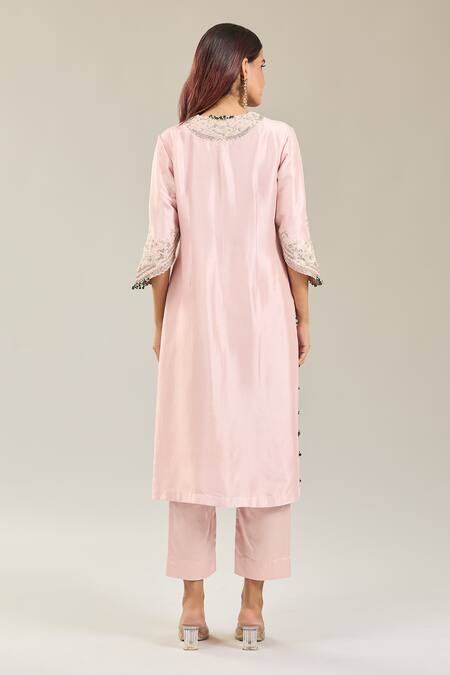 Shop Prisho Pink Cotton Embroidery Round Neck Floral Kurta Set at Aza Fashions Shop_Prisho_Pink Cotton Embroidery Round Neck Floral Kurta Set _at_Aza_Fashions