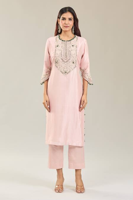 Prisho Pink Cotton Embroidery Round Neck Floral Kurta Set Online at Aza Fashions Prisho_Pink Cotton Embroidery Round Neck Floral Kurta Set _Online_at_Aza_Fashions