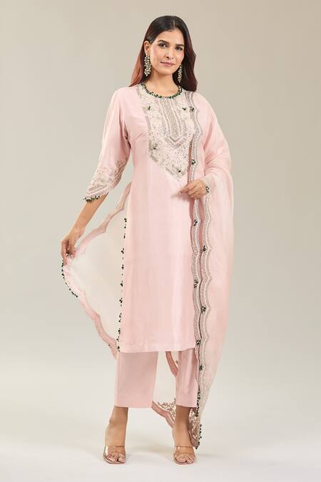 Buy Prisho Pink Cotton Embroidery Round Neck Floral Kurta Set Online at Aza Fashions Buy_Prisho_Pink Cotton Embroidery Round Neck Floral Kurta Set _Online_at_Aza_Fashions