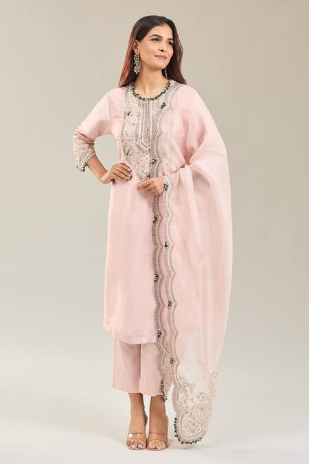 Buy Prisho Pink Cotton Embroidery Round Neck Floral Kurta Set Buy_Prisho_Pink Cotton Embroidery Round Neck Floral Kurta Set