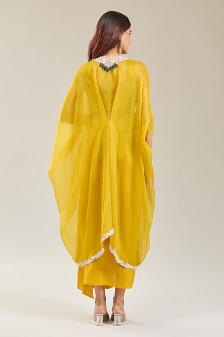 Shop Prisho Yellow Silk, Georgette Diamonds, Embroidery Round Dori Cape Set With Cowl Skirt at Aza Fashions Shop_Prisho_Yellow Silk, Georgette Diamonds, Embroidery Round Dori Cape Set With Cowl Skirt _at_Aza_Fashions