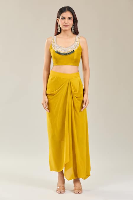 Prisho Yellow Silk, Georgette Diamonds, Embroidery Round Dori Cape Set With Cowl Skirt Online at Aza Fashions Prisho_Yellow Silk, Georgette Diamonds, Embroidery Round Dori Cape Set With Cowl Skirt _Online_at_Aza_Fashions