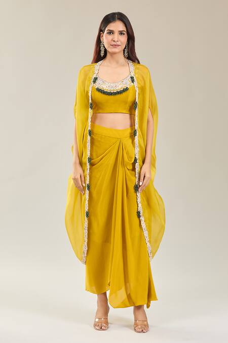Shop Prisho Yellow Silk, Georgette Diamonds, Embroidery Round Dori Cape Set With Cowl Skirt Online at Aza Fashions Shop_Prisho_Yellow Silk, Georgette Diamonds, Embroidery Round Dori Cape Set With Cowl Skirt _Online_at_Aza_Fashions