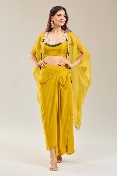 Prisho Yellow Silk, Georgette Diamonds, Embroidery Round Dori Cape Set With Cowl Skirt at Aza Fashions Prisho_Yellow Silk, Georgette Diamonds, Embroidery Round Dori Cape Set With Cowl Skirt _at_Aza_Fashions