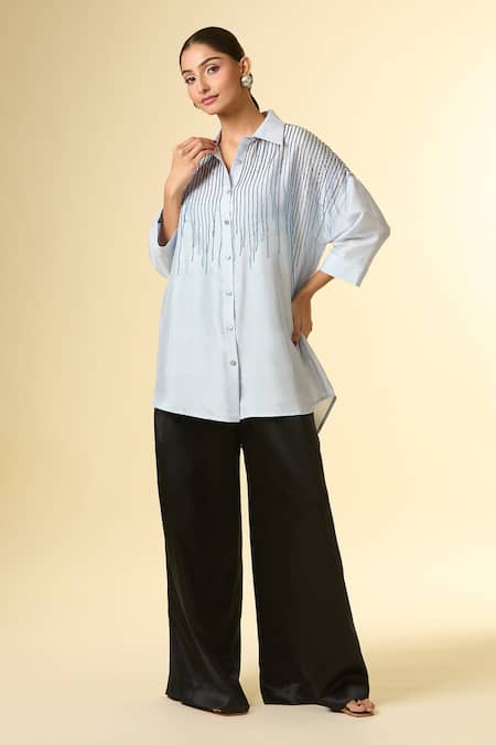 431-88 By Shweta Kapur_Blue Cut Work Collared Cutdana Embroidered Stripe Shirt _Online_at_Aza_Fashions