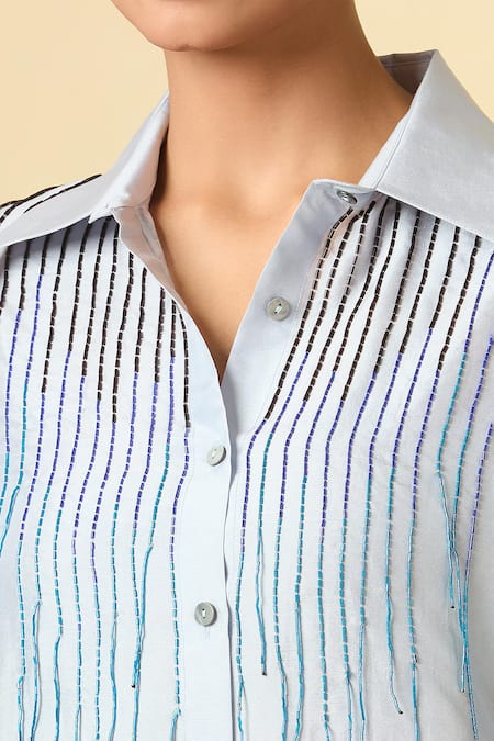 Buy_431-88 By Shweta Kapur_Blue Cut Work Collared Cutdana Embroidered Stripe Shirt _Online_at_Aza_Fashions