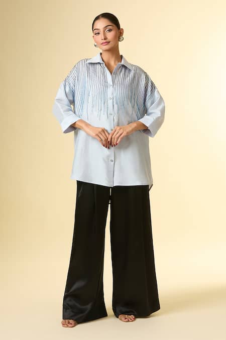 Shop_431-88 By Shweta Kapur_Blue Cut Work Collared Cutdana Embroidered Stripe Shirt _Online_at_Aza_Fashions