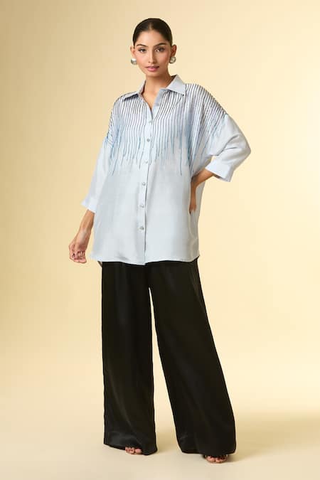 431-88 By Shweta Kapur_Blue Cut Work Collared Cutdana Embroidered Stripe Shirt _at_Aza_Fashions