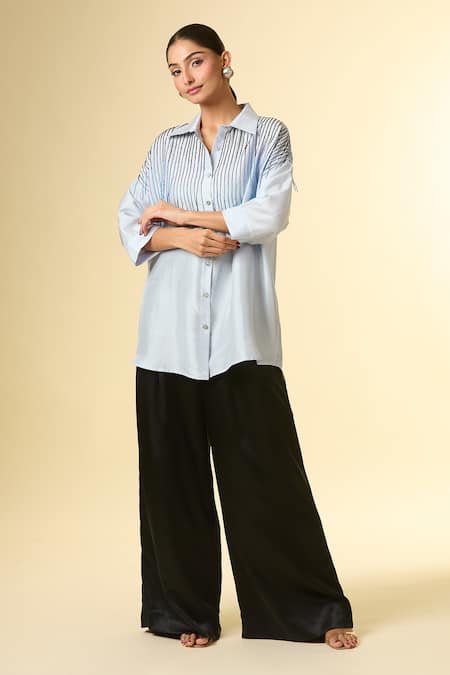 Buy_431-88 By Shweta Kapur_Blue Cut Work Collared Cutdana Embroidered Stripe Shirt 