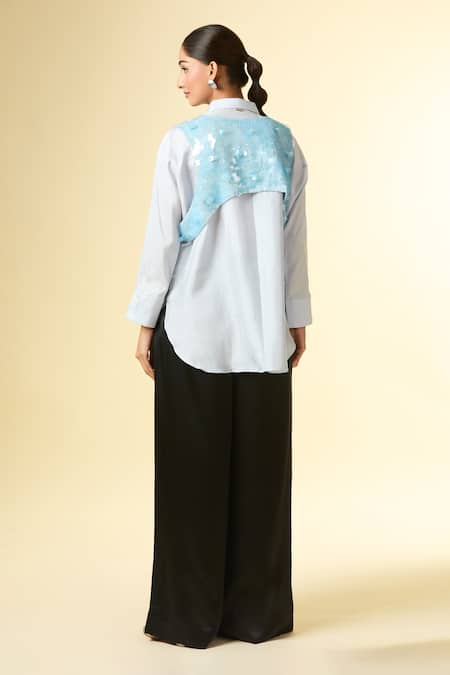 431-88 By Shweta Kapur Blue Sequin Tassel Embroidered Shirt 