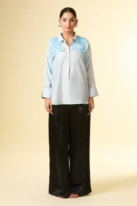 431-88 By Shweta Kapur_Blue Sequins Collared Tassel Embroidered Shirt _Online_at_Aza_Fashions