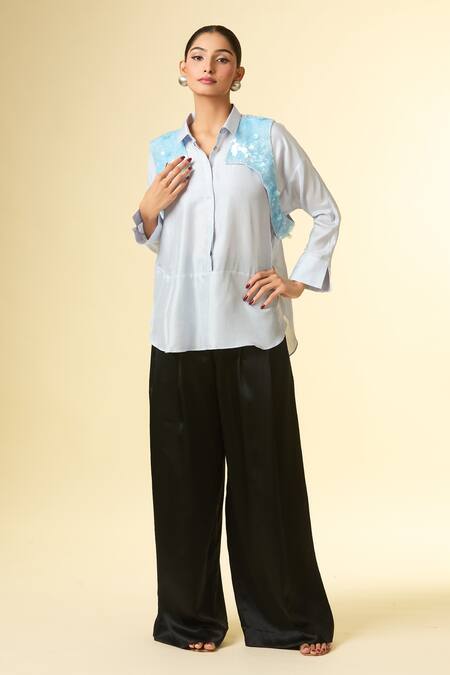 Buy_431-88 By Shweta Kapur_Blue Sequins Collared Tassel Embroidered Shirt _Online_at_Aza_Fashions