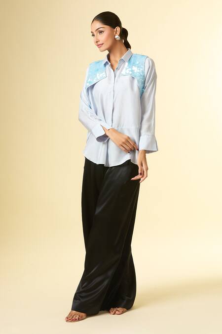 Shop_431-88 By Shweta Kapur_Blue Sequins Collared Tassel Embroidered Shirt _Online_at_Aza_Fashions