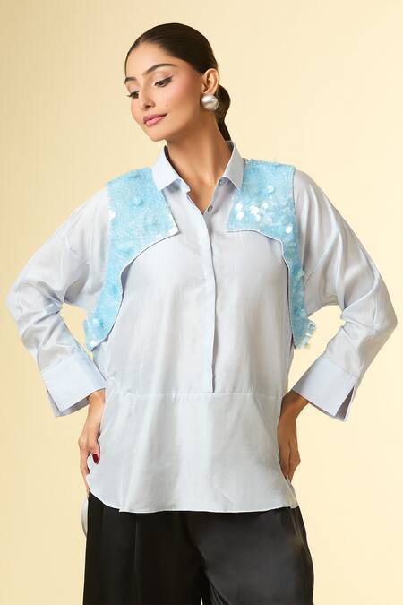 431-88 By Shweta Kapur_Blue Sequins Collared Tassel Embroidered Shirt _at_Aza_Fashions