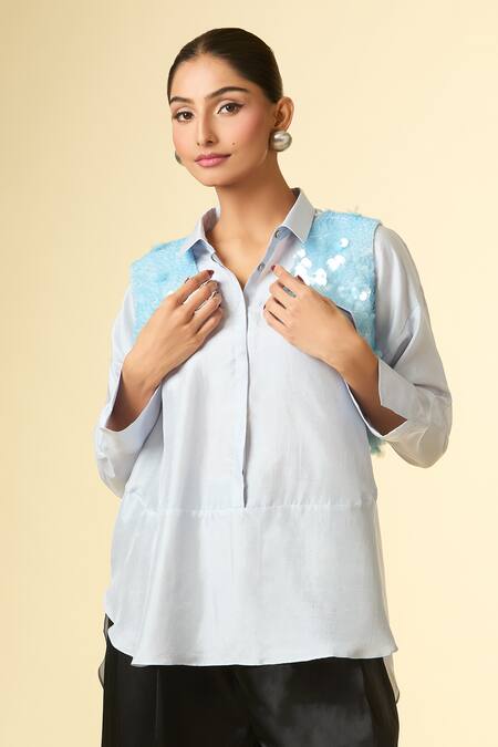 Buy_431-88 By Shweta Kapur_Blue Sequins Collared Tassel Embroidered Shirt 