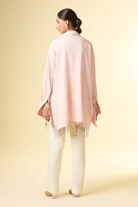431-88 By Shweta Kapur Cutdana Tassel Embroidered Pink Shirt 