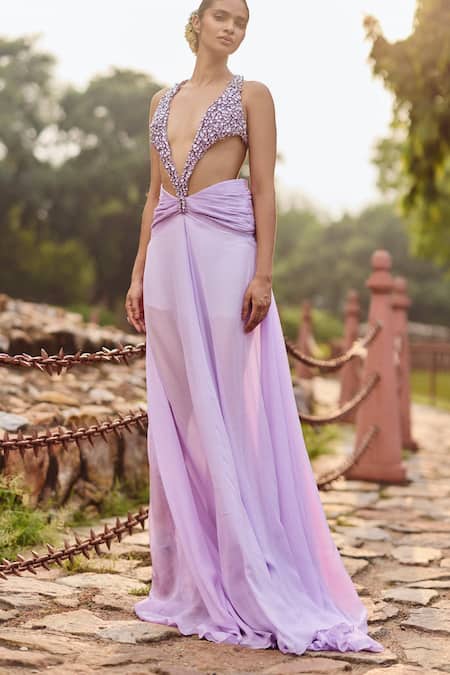Shop Itrh Purple Chiffon, Viscose, Taffeta Stones Plunge Neck Embellished Maxi Dress at Aza Fashions Shop_Itrh_Purple Chiffon, Viscose, Taffeta Stones Plunge Neck Embellished Maxi Dress_at_Aza_Fashions