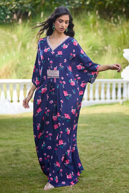 Aariyana Couture Blue Floral Blossom Print Kaftan 