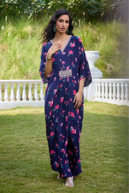 Shop Aariyana Couture Blue Viscose, Georgette, Modal Crystals V-neck Floral Blossom Print Kaftan at Aza Fashions Shop_Aariyana Couture_Blue Viscose, Georgette, Modal Crystals V-neck Floral Blossom Print Kaftan_at_Aza_Fashions
