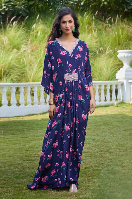 Aariyana Couture Blue Viscose, Georgette, Modal Crystals V-neck Floral Blossom Print Kaftan Online at Aza Fashions Aariyana Couture_Blue Viscose, Georgette, Modal Crystals V-neck Floral Blossom Print Kaftan_Online_at_Aza_Fashions