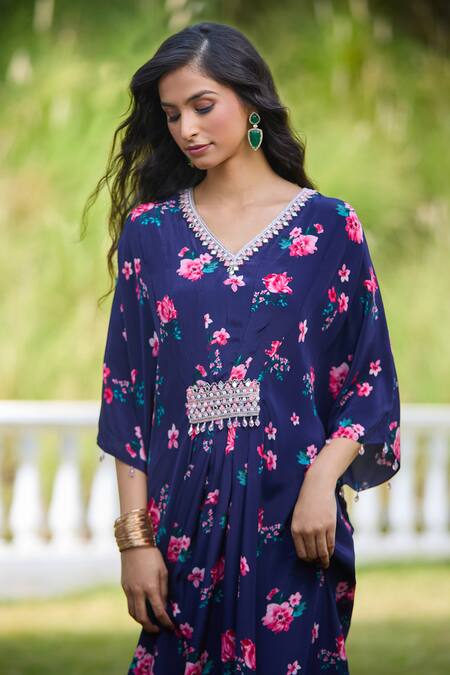 Buy Aariyana Couture Blue Viscose, Georgette, Modal Crystals V-neck Floral Blossom Print Kaftan Online at Aza Fashions Buy_Aariyana Couture_Blue Viscose, Georgette, Modal Crystals V-neck Floral Blossom Print Kaftan_Online_at_Aza_Fashions